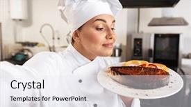  Presentation with food white - Slide deck enhanced with portrait of european woman chef background and a sky blue colored foreground