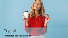 Presentation with takeaway coffee - PPT theme consisting of portrait of excited blond woman 20s wearing red shirt holding takeaway coffee isolated over blue background in studio background and a light blue colored foreground