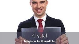  Presentation with gadget - Theme consisting of portrait of excited businessman presenting blank transparent futuristic gadget while standing on white background he wears a navy coloured suit and a red tie background and a dark gray colored foreground