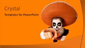  Presentation with sugar skull - Presentation theme consisting of portrait of excited emotional boy with sugar skull makeup pointing a finger at the camera bright yellow background halloween dia de los muertos day of the dead copy space background and a gold colored foreground
