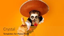  Presentation with sugar skull - Presentation design having portrait of excited emotional boy with sugar skull makeup showing thumb at the camera bright yellow background halloween dia de los muertos day of the dead copy space background and a gold colored foreground