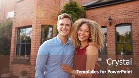  Presentation with portrait of excited overjoyed female - Presentation design with portrait of excited young couple standing outside new home together background and a tawny brown colored foreground