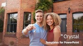  Presentation with new home - Presentation theme featuring portrait of excited young couple standing outside new home holding keys together background and a tawny brown colored foreground