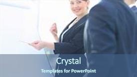  Presentation with executive - Cool new PPT theme with portrait of executive businesswoman presenting his idea to his colleagues at meeting teamwork backdrop and a ocean colored foreground