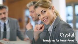  Presentation with executive - Presentation with portrait of executive woman in business meeting background and a dark gray colored foreground