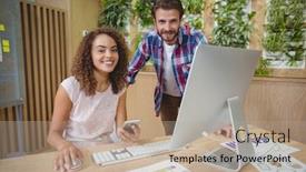 Presentation with personal - Slide set enhanced with portrait of executives smiling at desk while working on personal computer in office background and a coral colored foreground