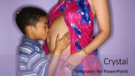  Presentation with stomach - Slide deck with portrait of expecting female with son kissing stomach background and a light blue colored foreground