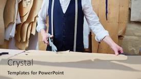  Presentation with old clothes - Colorful PPT layouts enhanced with portrait of experienced old tailor cutting fabric while making clothes in atelier shop backdrop and a soft green colored foreground