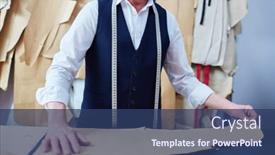  Presentation with patterns - Audience pleasing theme consisting of portrait of experienced old tailor working with patterns in atelier shop backdrop and a ocean colored foreground