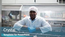  Presentation with production line - Presentation theme having portrait of factory engineer leaning background and a teal colored foreground