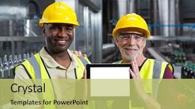  Presentation with factory workers - Presentation theme featuring portrait of factory workers holding background and a  colored foreground