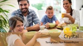  Presentation with home black family - Presentation design consisting of portrait of family having breakfast background and a coral colored foreground