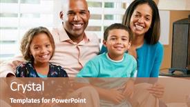  Presentation with portrait happy family smiling - Slides consisting of portrait of family sitting background and a coral colored foreground