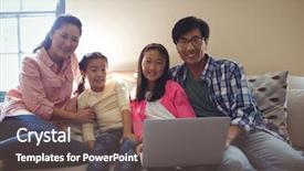  Presentation with portrait happy family smiling - PPT layouts with portrait of family using laptop background and a  colored foreground