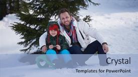  Presentation with snow day - Cool new PPT theme with portrait of father and son on snow sitting on sled at beautiful sunny winter day backdrop and a light blue colored foreground