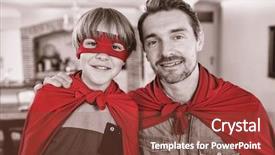  Presentation with superhero - Theme featuring portrait of father and son pretending to be superhero in living room at home background and a tawny brown colored foreground