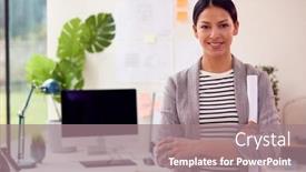  Presentation with building plans - Presentation design with portrait-of-female-architect-standing background and a coral colored foreground