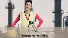  Presentation with clothing factory - PPT layouts with portrait of female architect wearing reflective clothing against exterior of factory background and a mint green colored foreground