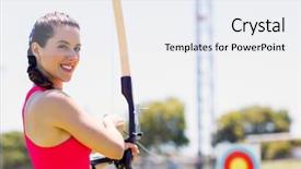  Presentation with archery - Presentation having portrait of female athlete practicing archery in stadium background and a sky blue colored foreground