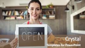  Presentation with signboard - Amazing slide set having portrait of female baker holding open signboard in hospital backdrop and a coral colored foreground