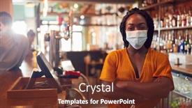  Presentation with face mask - Slide deck having portrait-of-female-bar-worker background and a tawny brown colored foreground