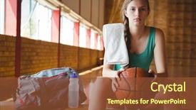  Presentation with basketball court - Beautiful presentation design featuring portrait of female basketball player backdrop and a tawny brown colored foreground