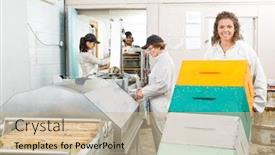  Presentation with honeycomb - Audience pleasing PPT theme consisting of portrait of female beekeeper holding trolley of stacked honeycomb crates in factory backdrop and a coral colored foreground
