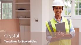  Presentation with surveyor - Presentation design having portrait-of-female-building-surveyor background and a coral colored foreground