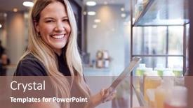  Presentation with beauty products - PPT theme having portrait-of-female-business-owner background and a coral colored foreground