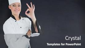  Presentation with black female - PPT theme with portrait of female chef showing ok against black background background and a dark gray colored foreground