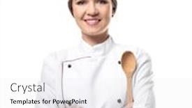  Presentation with spoon - PPT layouts consisting of portrait of female chef with wooden spoon on white background background and a white colored foreground