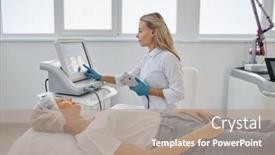  Presentation with laser - PPT layouts enhanced with portrait-of-female-cosmetologist-working background and a coral colored foreground