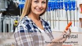  Presentation with hardware - Slide set consisting of portrait of female customer holding mobilephone and screwdriver in hardware store background and a soft green colored foreground
