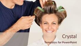  Presentation with curling - Presentation design with portrait of female customer with hairstylist curling her hair at parlor background and a lemonade colored foreground
