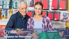  Presentation with hardware - Presentation having portrait of female customer with worker in hardware shop background and a ocean colored foreground