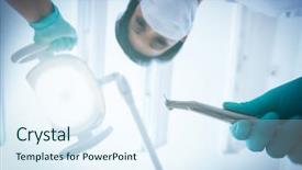  Presentation with surgical dental - Slide deck featuring portrait of female dentist in surgical mask holding dental drill background and a sky blue colored foreground