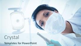  Presentation with surgical dental - Audience pleasing slides consisting of portrait of female dentist in surgical mask holding dental drill backdrop and a sky blue colored foreground