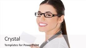  Presentation with portrait of excited overjoyed female - Presentation consisting of portrait of female doctor holding background and a white colored foreground