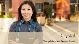  Presentation with portrait of excited overjoyed female - Slide set consisting of portrait of female doctor standing background and a lemonade colored foreground