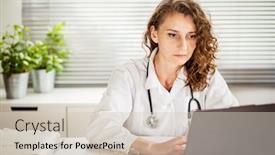  Presentation with laptop - Audience pleasing slide set consisting of portrait-of-female-doctor-working backdrop and a soft green colored foreground