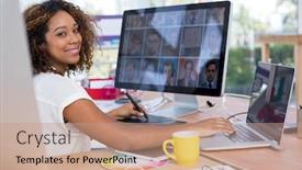  Presentation with executive - Amazing presentation having portrait-of-female-executive-working backdrop and a coral colored foreground