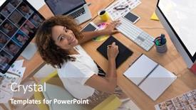  Presentation with executive - Amazing presentation theme having portrait-of-female-executive-working backdrop and a coral colored foreground