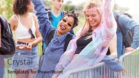  Presentation with music festival - Cool new slide set with portrait of female friends waiting behind barrier at entrance to music festival site backdrop and a light blue colored foreground