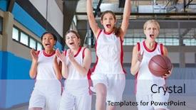  Presentation with basketball female - Cool new slide deck with portrait of female high school backdrop and a light blue colored foreground
