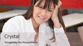  Presentation with school desk - Audience pleasing PPT theme consisting of portrait of female high school student leaning at desk in classroom backdrop and a coral colored foreground