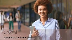  Presentation with high school - PPT theme with portrait-of-female-high-school background and a coral colored foreground