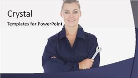  Presentation with female mechanic - Presentation theme with portrait of female mechanic holding spanner over white background background and a white colored foreground