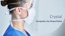  Presentation with shield - Colorful presentation design enhanced with portrait-of-female-medical-doctor backdrop and a sky blue colored foreground