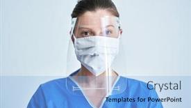  Presentation with medical face mask - Cool new PPT theme with portrait-of-female-medical-doctor backdrop and a light blue colored foreground