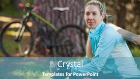  Presentation with mountain water - Slide set having portrait of female mountain biker holding water bottle in the forest background and a teal colored foreground